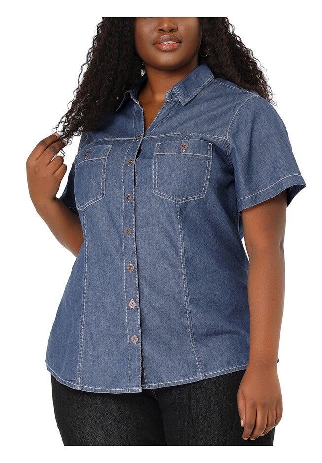 Short Sleeve Chambray Button Down Denim Shirt, Blue / Chambray Denim Medium, alternate image number null