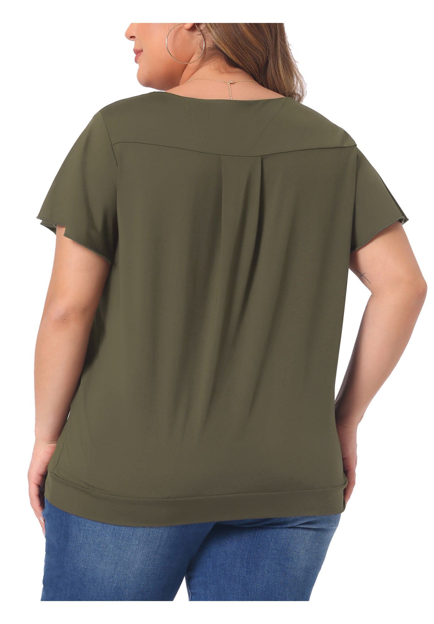 V Neck Ruffle Short Sleeve T-Shirt Top, Green / Olive Green, alternate image number 4