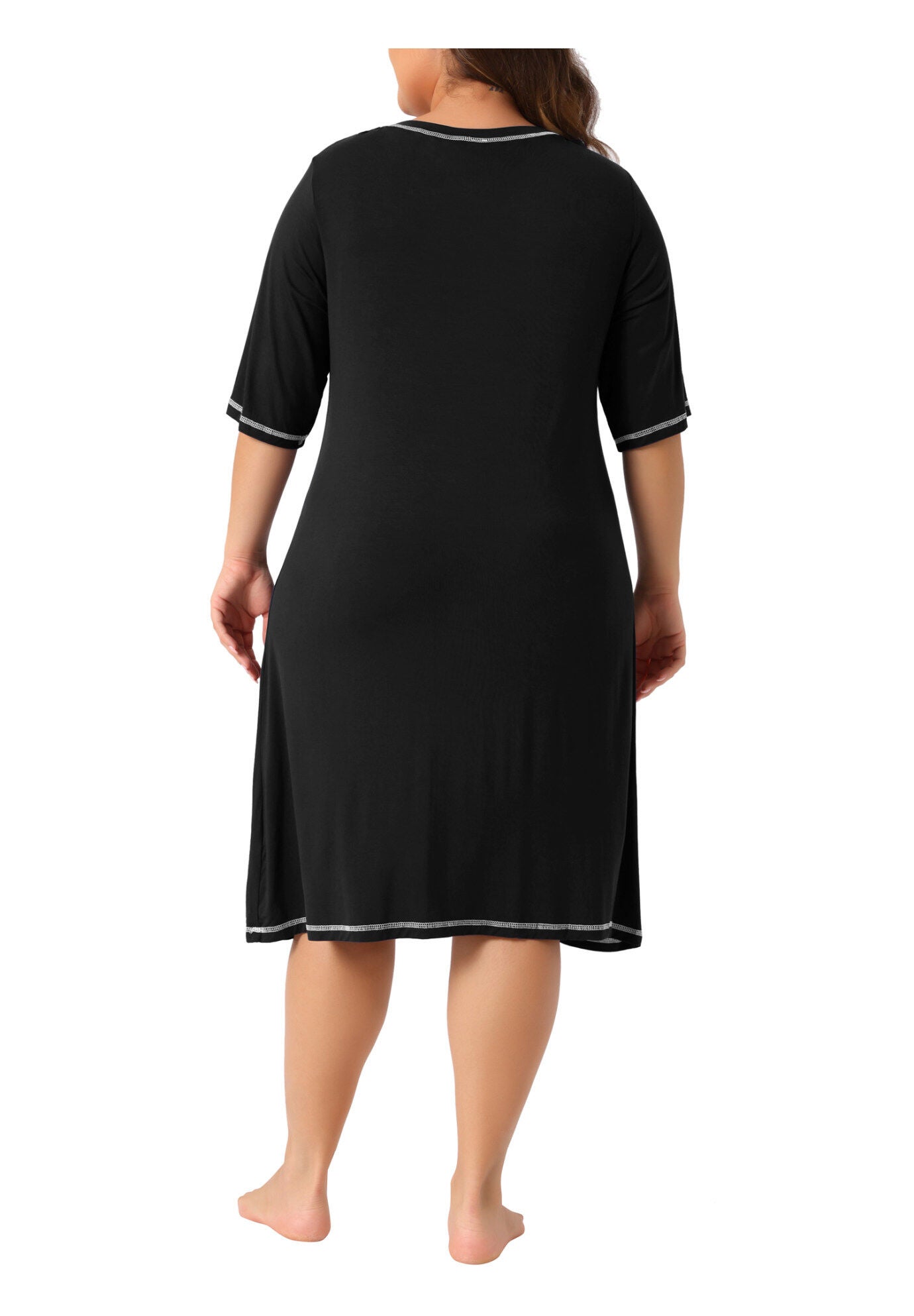 Short Sleeve V Neck Loose Sleepdress, Black / Black, alternate image number 3