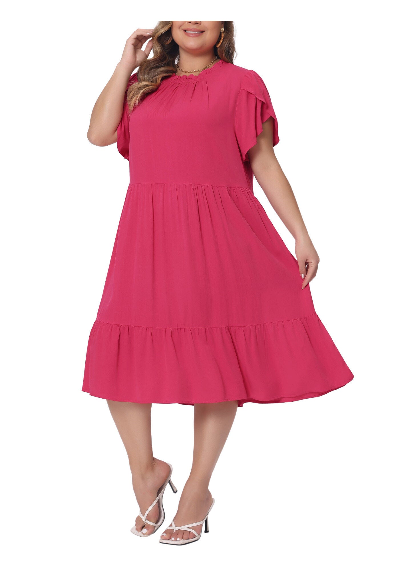 TIE BACK PETAL SLEEVE MOCK NECK RUFFLE HEM A-LINE SWING MIDI DRESS, Hot Pink / Pink, alternate image number 1