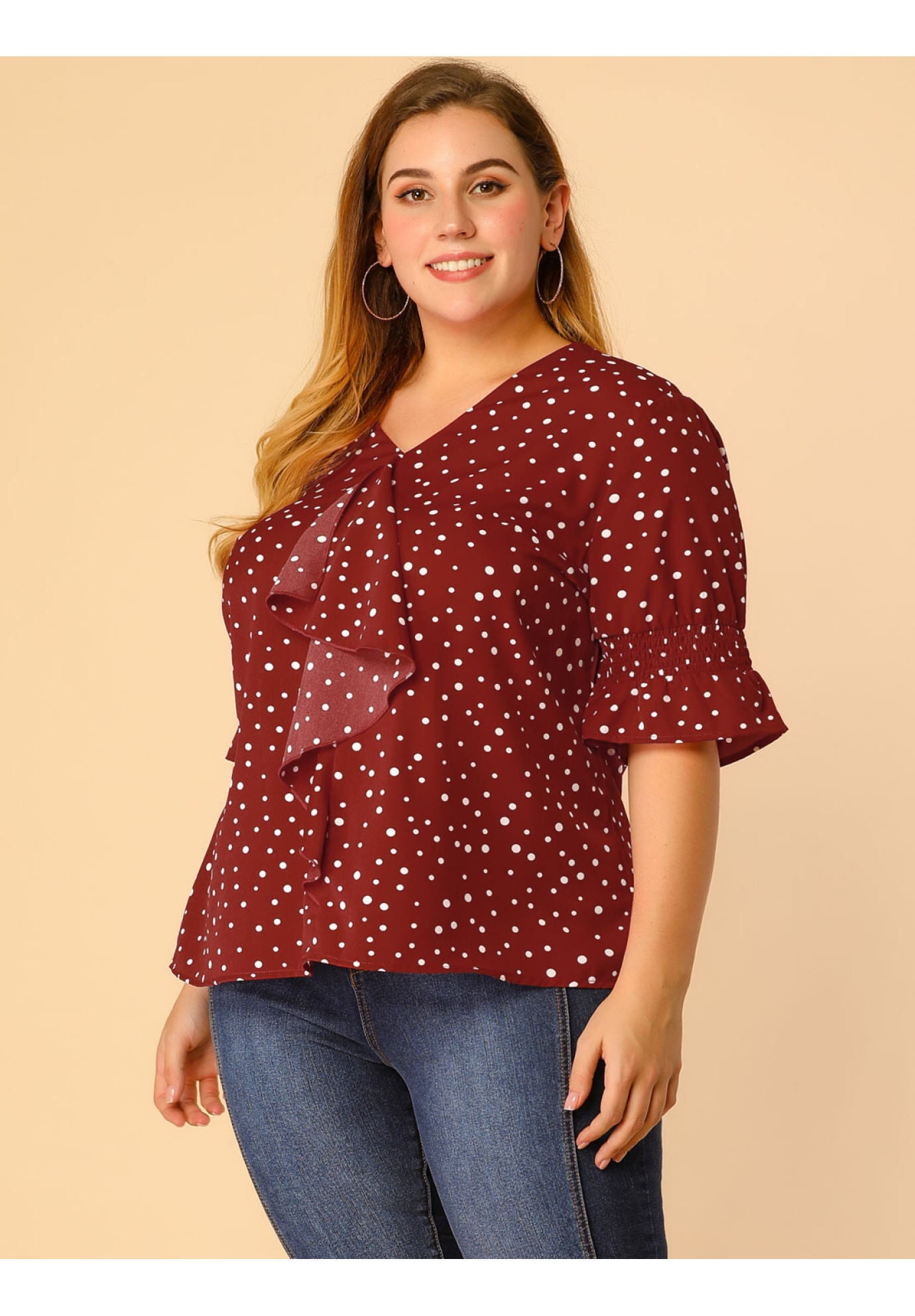 Ruffle Blouse V Neck Smocked Sleeves Top, Red White / Red, alternate image number 3