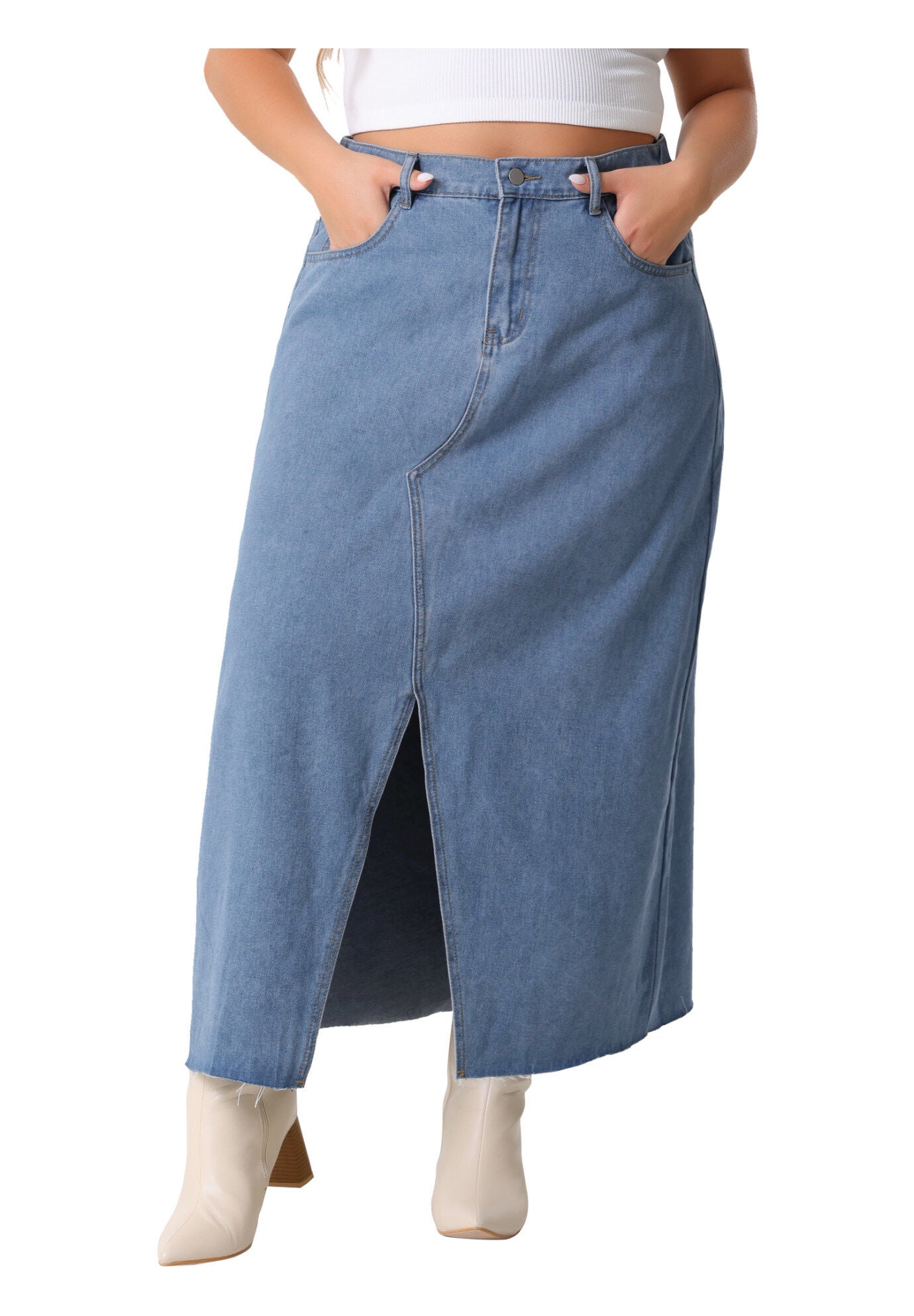 Denim Frayed Raw Hem High Waist Front Slit Long Jean Maxi Skirt, Blue / Chambray Denim Medium, alternate image number 2