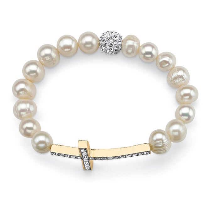 Genuine Cultured Pearl and Crystal Horizontal Cross Stretch Bracelet Goldtone, , alternate image number 4