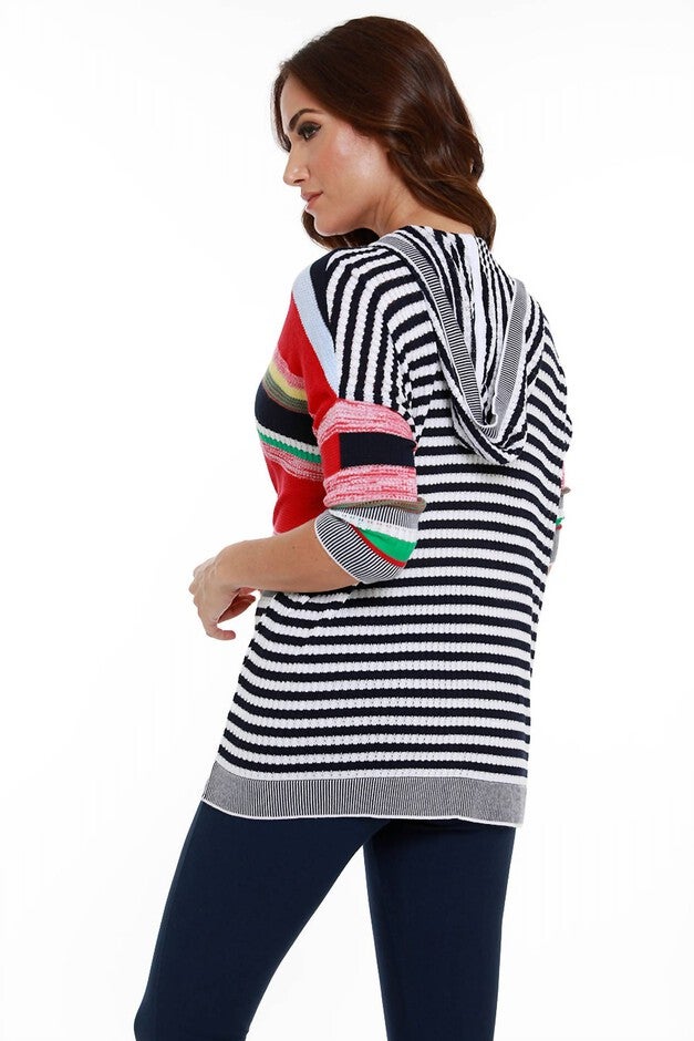 STRIPED 3/4 ZIP HOODED CARDIGAN IN NAVY MULTI, , alternate image number null