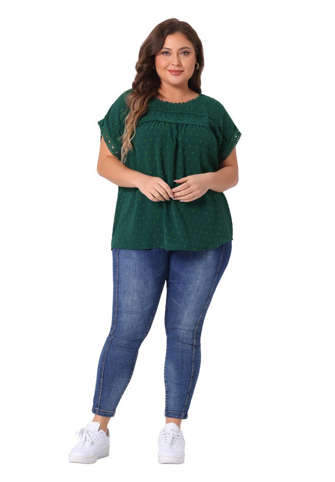 Swiss Dots Lace Crochet Short Sleeve Chiffon Blouse, Dark Green / Hunter Green, hi-res image number 0