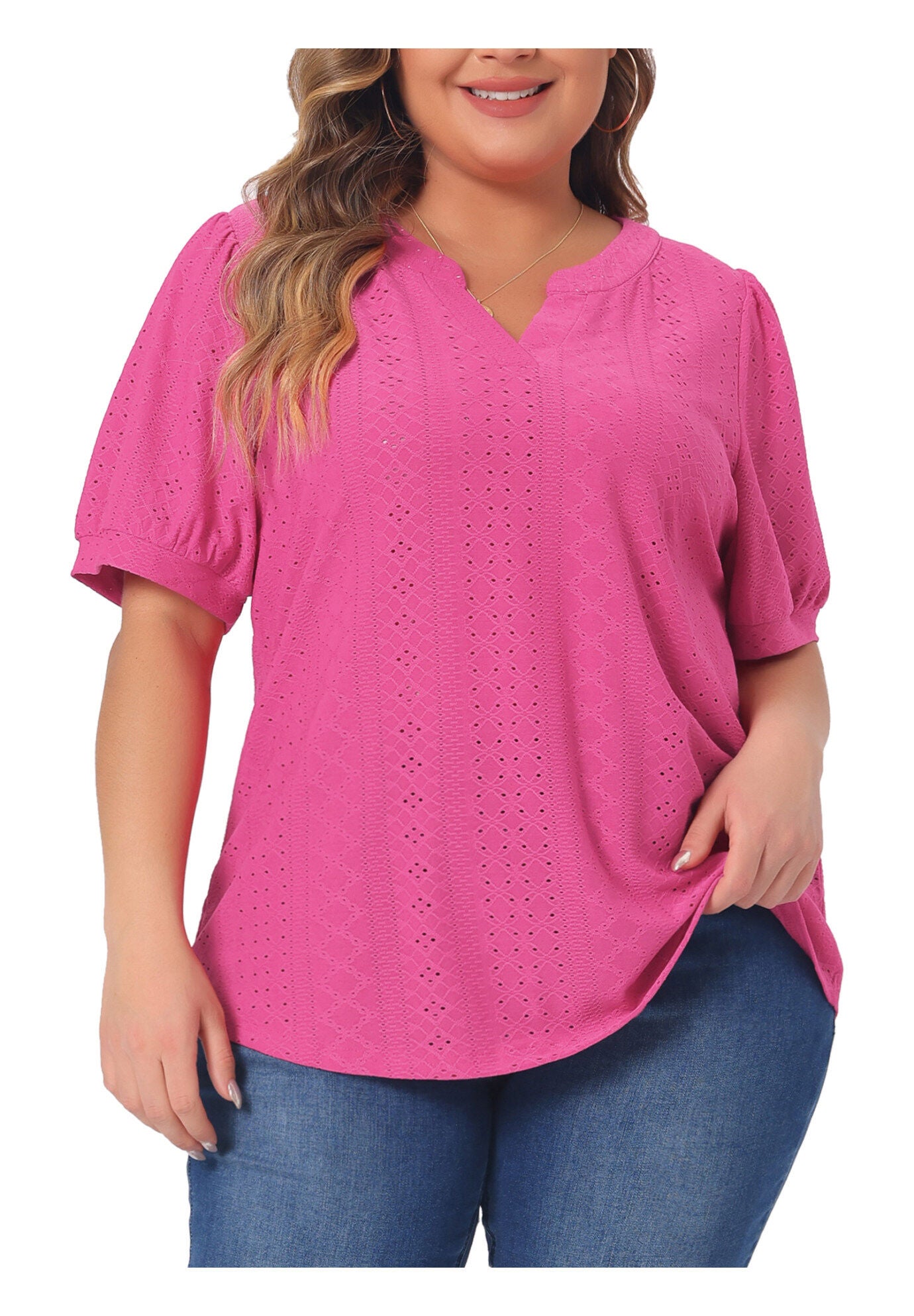 Hollow Casual V Neck Short Sleeve Summer Blouse, Hot Pink / Deep Fuchsia, alternate image number 2