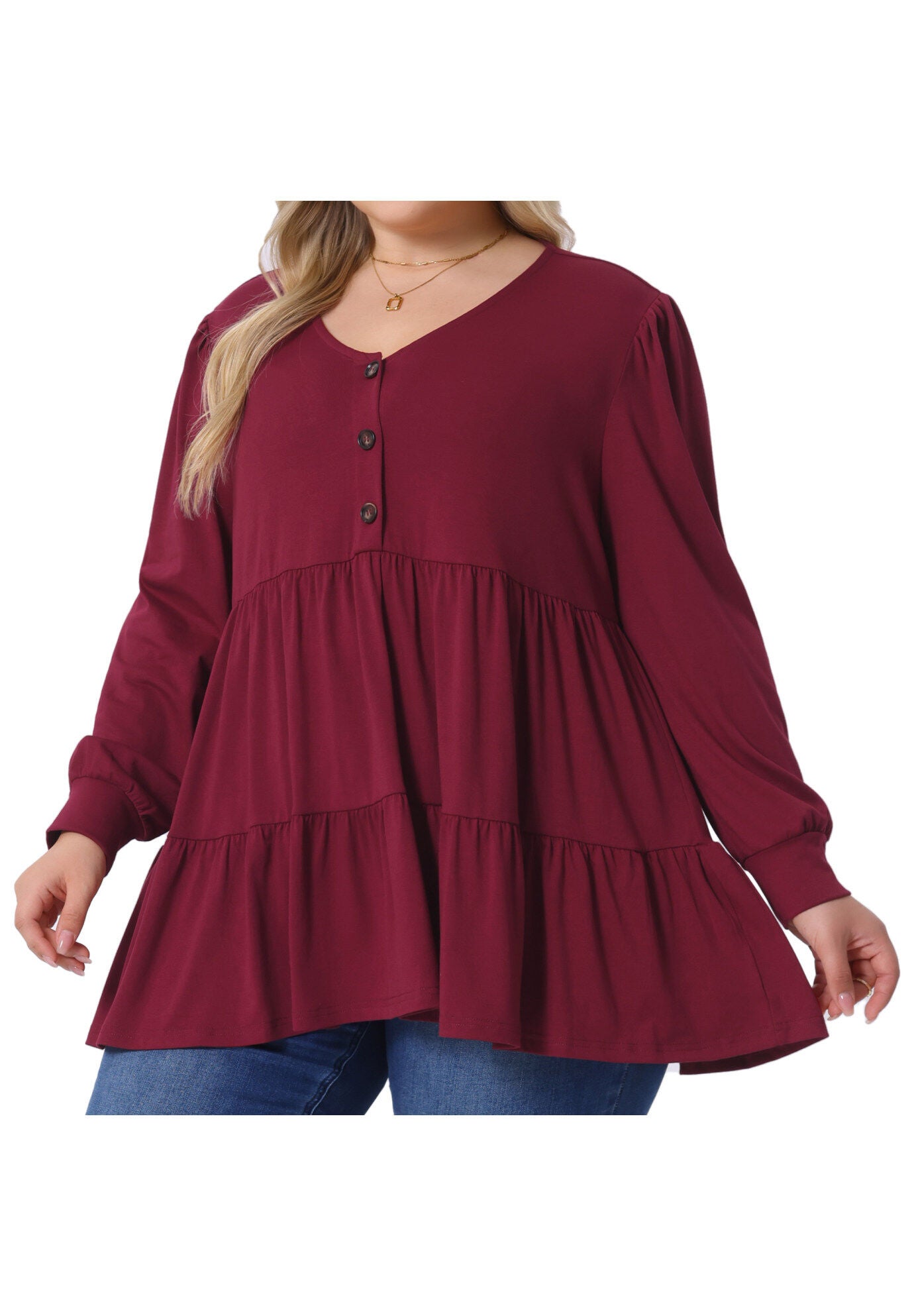 V Neck Long&nbsp;Sleeve&nbsp;Button Up Peplum Tunic Babydoll Top, Burgundy / Burgundy, alternate image number 1