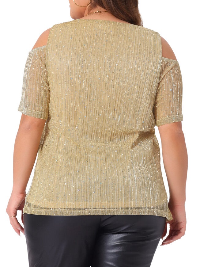 GLITTER SEQUIN COLD SHOULDER SHORT SLEEVE TOP, Yellow / Yellow, alternate image number 3