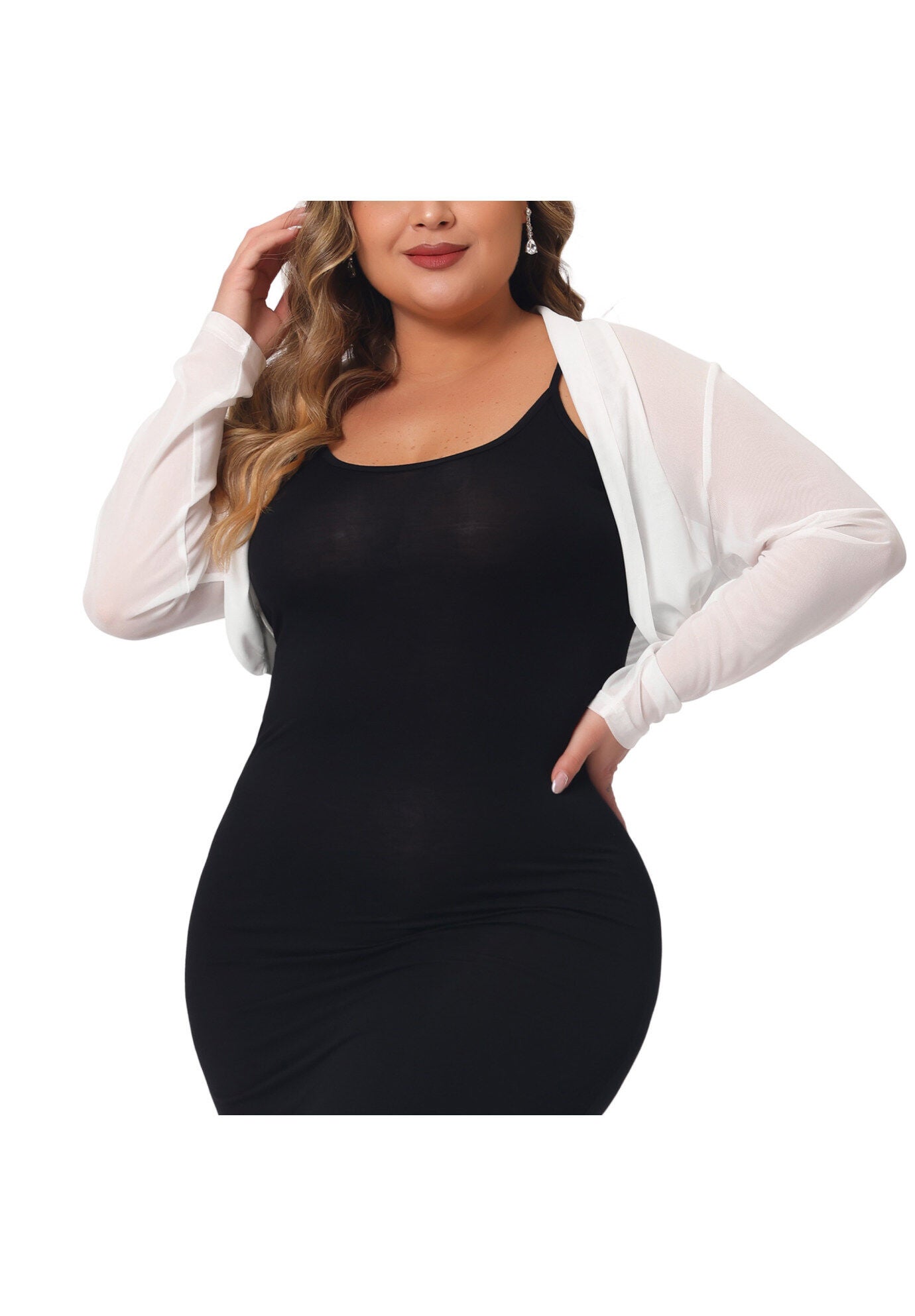 LONG SLEEVE SHEER BOLERO SHRUG MESH CROP CARDIGAN, White / White, alternate image number 1