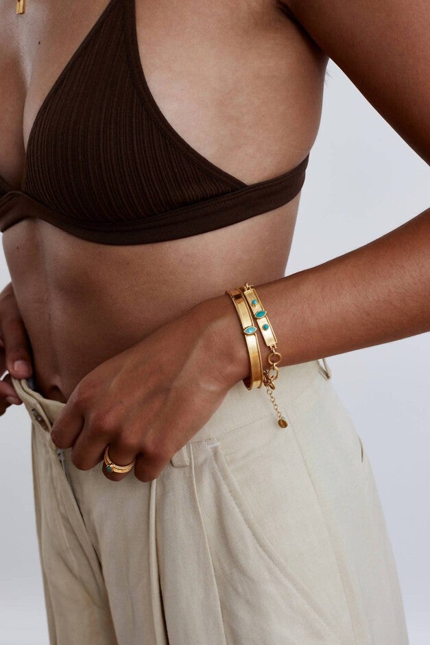 BEZEL WRAPPED TURQUOISE MARQUISE BRACELET IN GOLD, Gold / Gold, alternate image number null