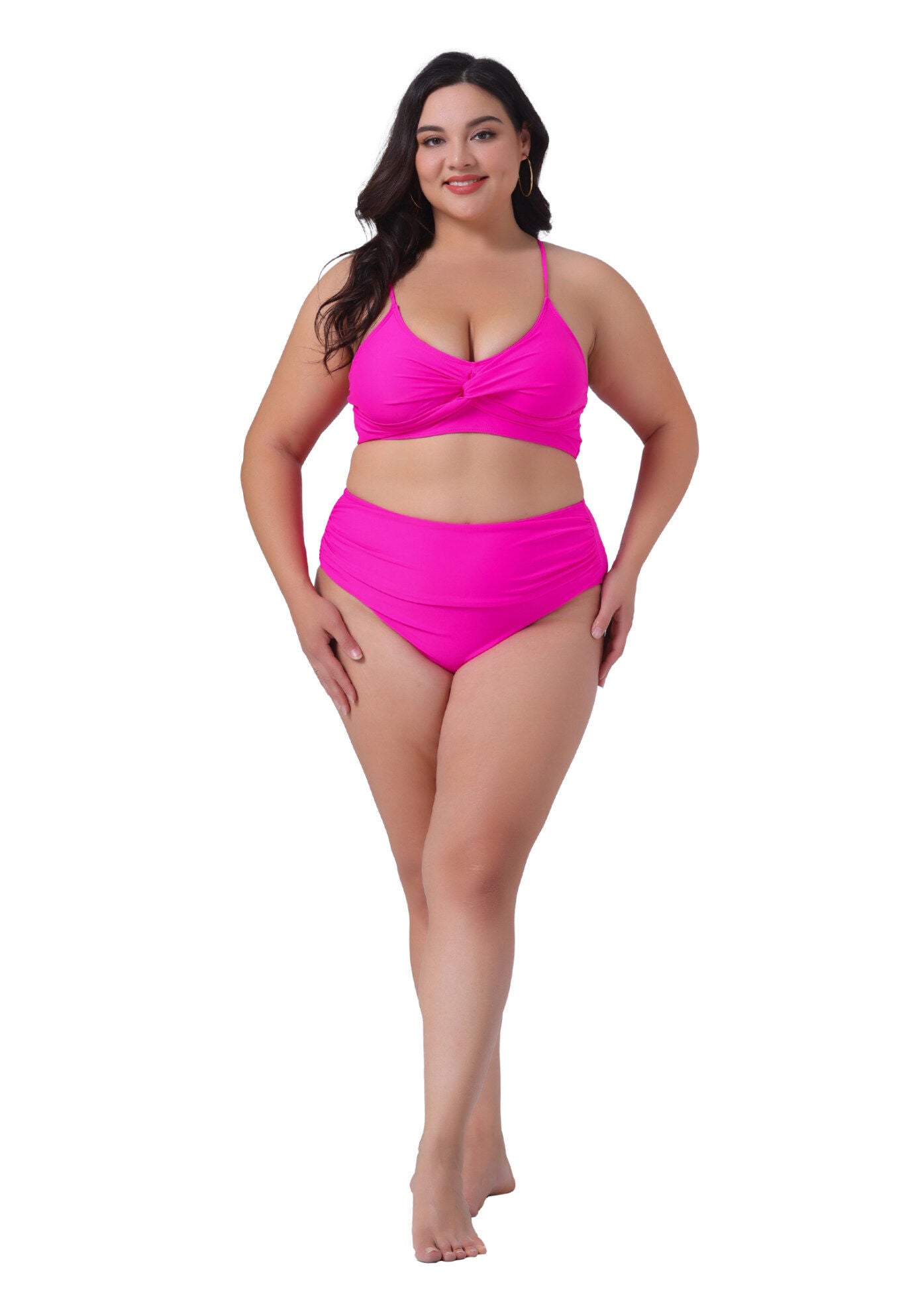 High Waisted V Neck Two Piece Bikini Set, Hot Pink / Deep Fuchsia, hi-res image number 0