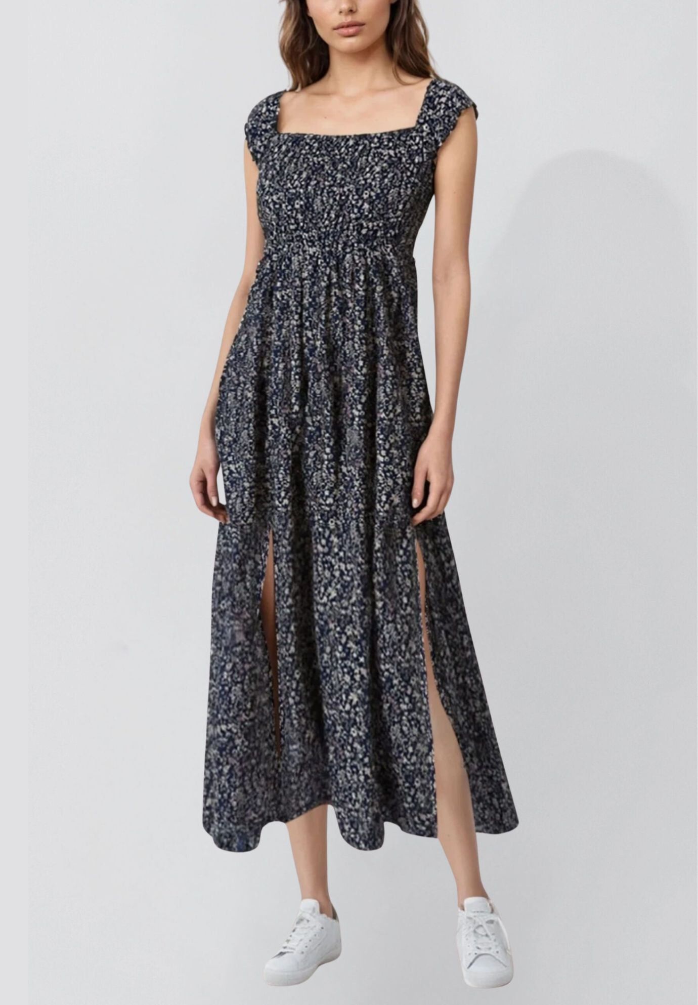 Annick- Lilou On-Off Shoulder Ditsy Floral Maxi Dress Front Slits, Navy / Navy, hi-res image number 0