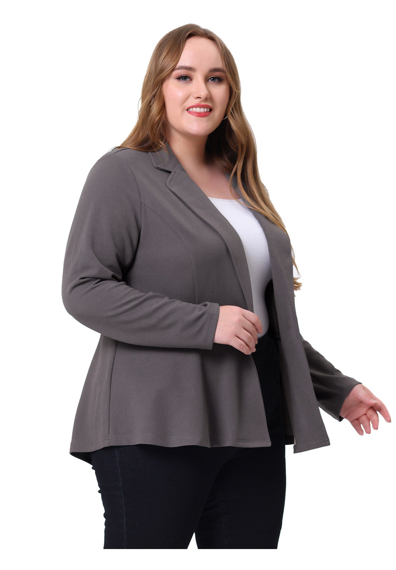 RUFFLE V NECK BUTTON NOTCH PANEL PEPLUM BLAZER, Gray / Warm Grey, alternate image number 2
