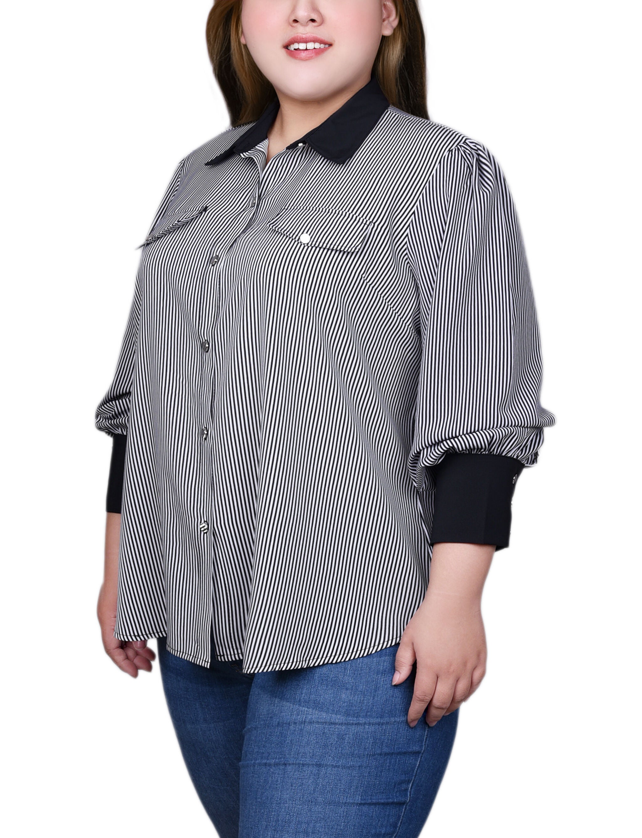 Long Sleeve Colorblocked Blouse, Black White Stripe, alternate image number 2