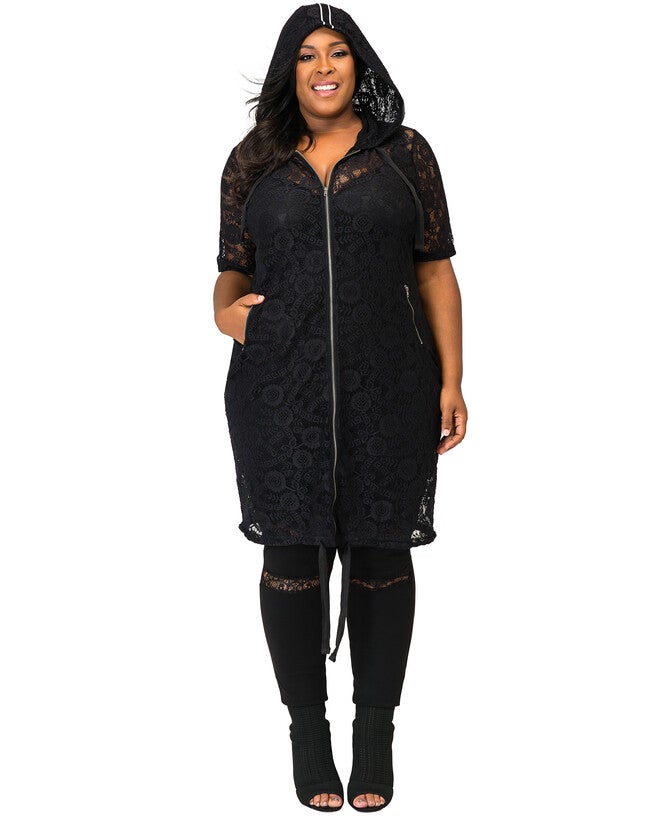 Plus Size Kenny Sheer Lace Zip Up Short Sleeve Hoodie Jacket with Athletic Stripe, Black / Black, hi-res image number null