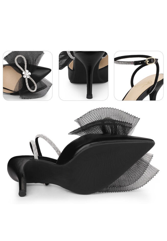 Rhinestone Mesh Bow Slingback Stiletto Heel Dress Pumps, Black / Black, alternate image number null