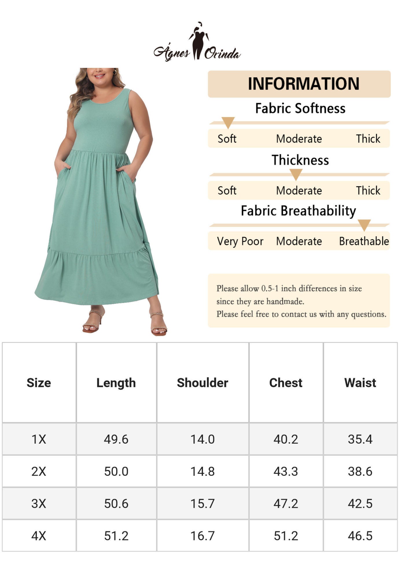 Sleeveless Swing Flowy Summer Maxi T-Shirt Dress with Pockets, Mint Green / Black, alternate image number 4