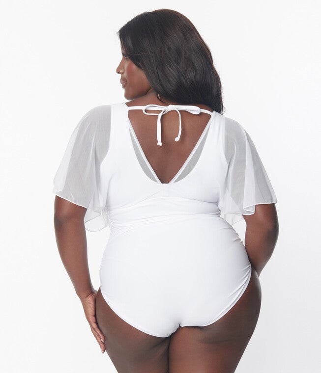 White Mesh Sleeved Torrey Swimsuit, White / White, alternate image number 2