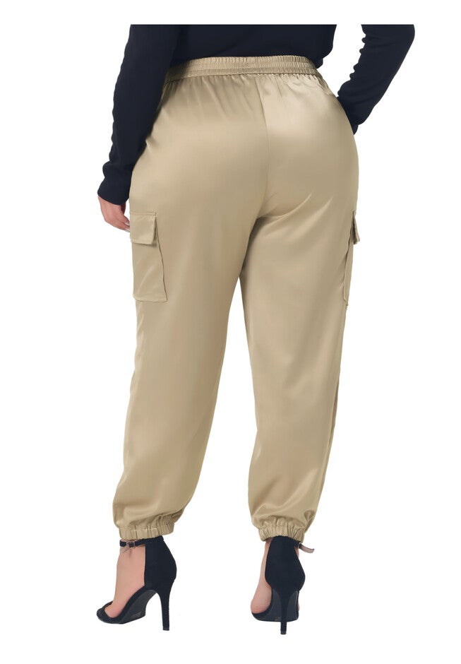SATIN JOGGERS ELASTIC WAIST ATHLEISURE ANKLE LENGTH CARGO PANTS, Khaki / Taupe, alternate image number 3