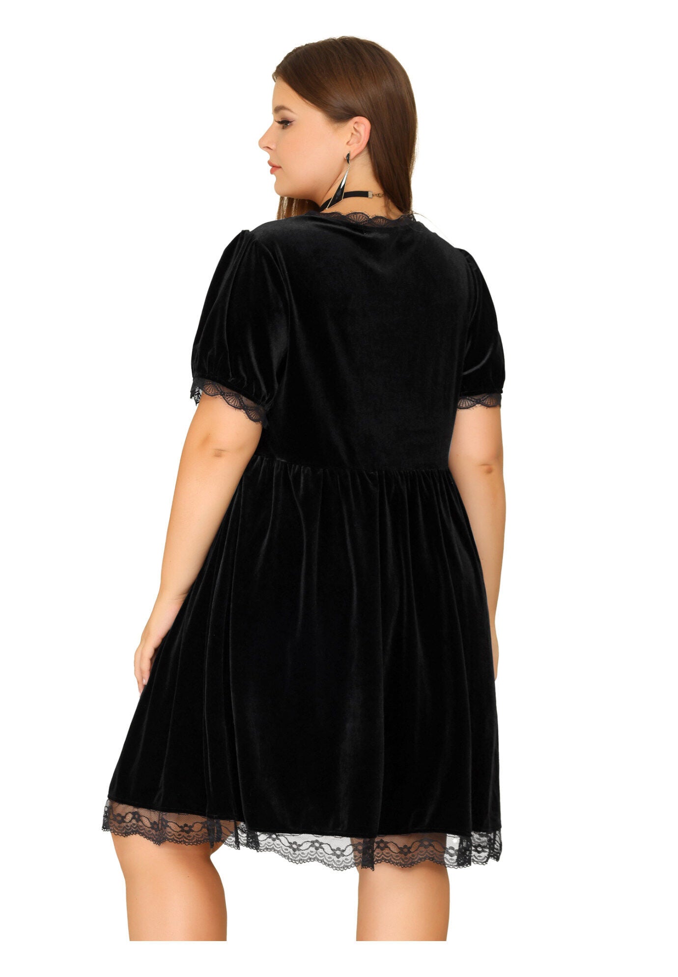 VELVET LACE TRIM SHORT SLEEVE DRESS, Black / Black, alternate image number 3