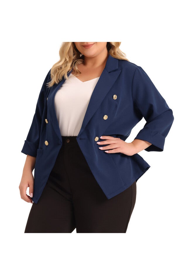 BUTTON 3/4 SLEEVE BUSINESS SUIT BLAZER, Dark Blue / Navy, alternate image number 2