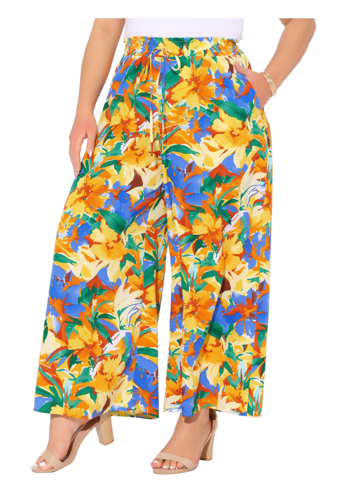 Wide Leg Floral Palazzo Pants Flowy Beach Trousers with Pocket, Yellow Orange / Yellow, alternate image number 2