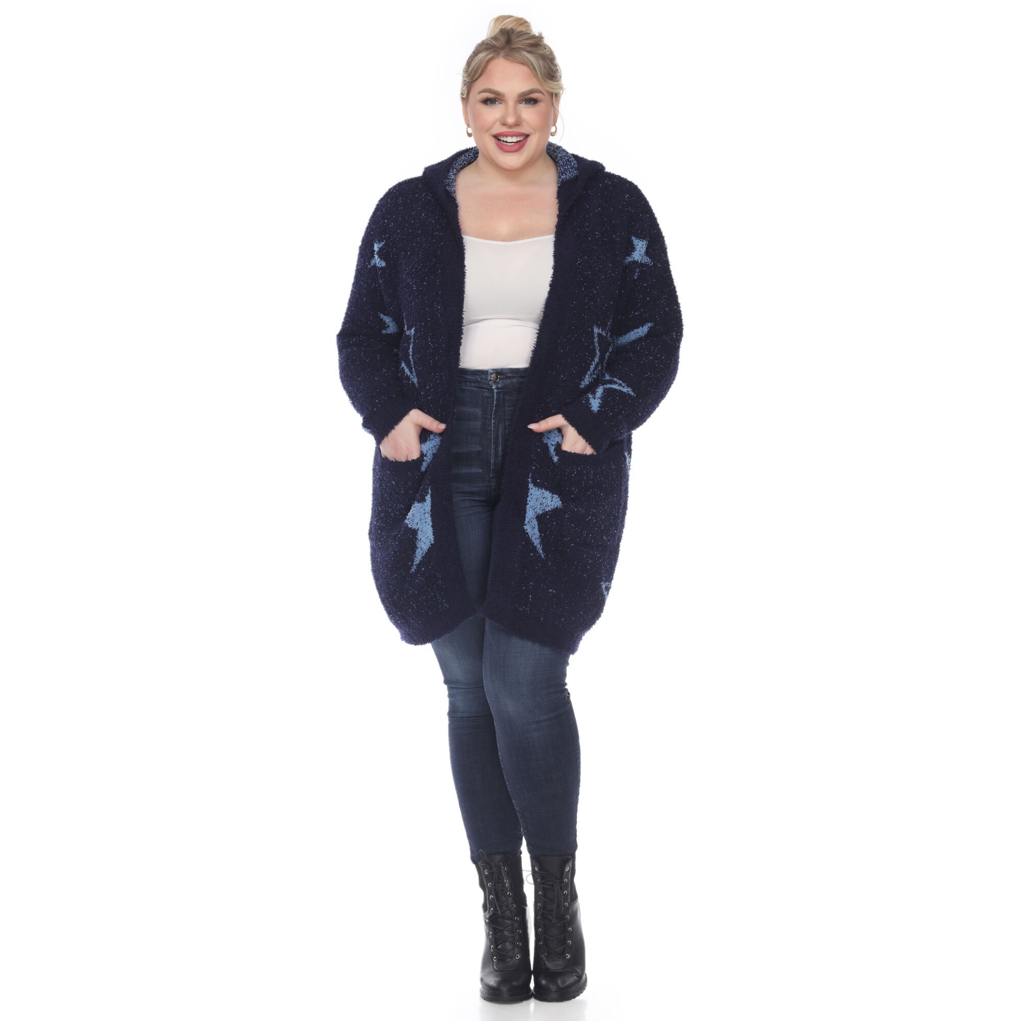 Hooded Open Front Sherpa Coat, NavyLight Blue Stars / Navy, alternate image number 4