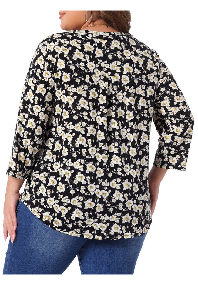 3/4 Sleeve Zip Up Floral Print V Neck Pullover Blouse Top, Black / Black, alternate image number null