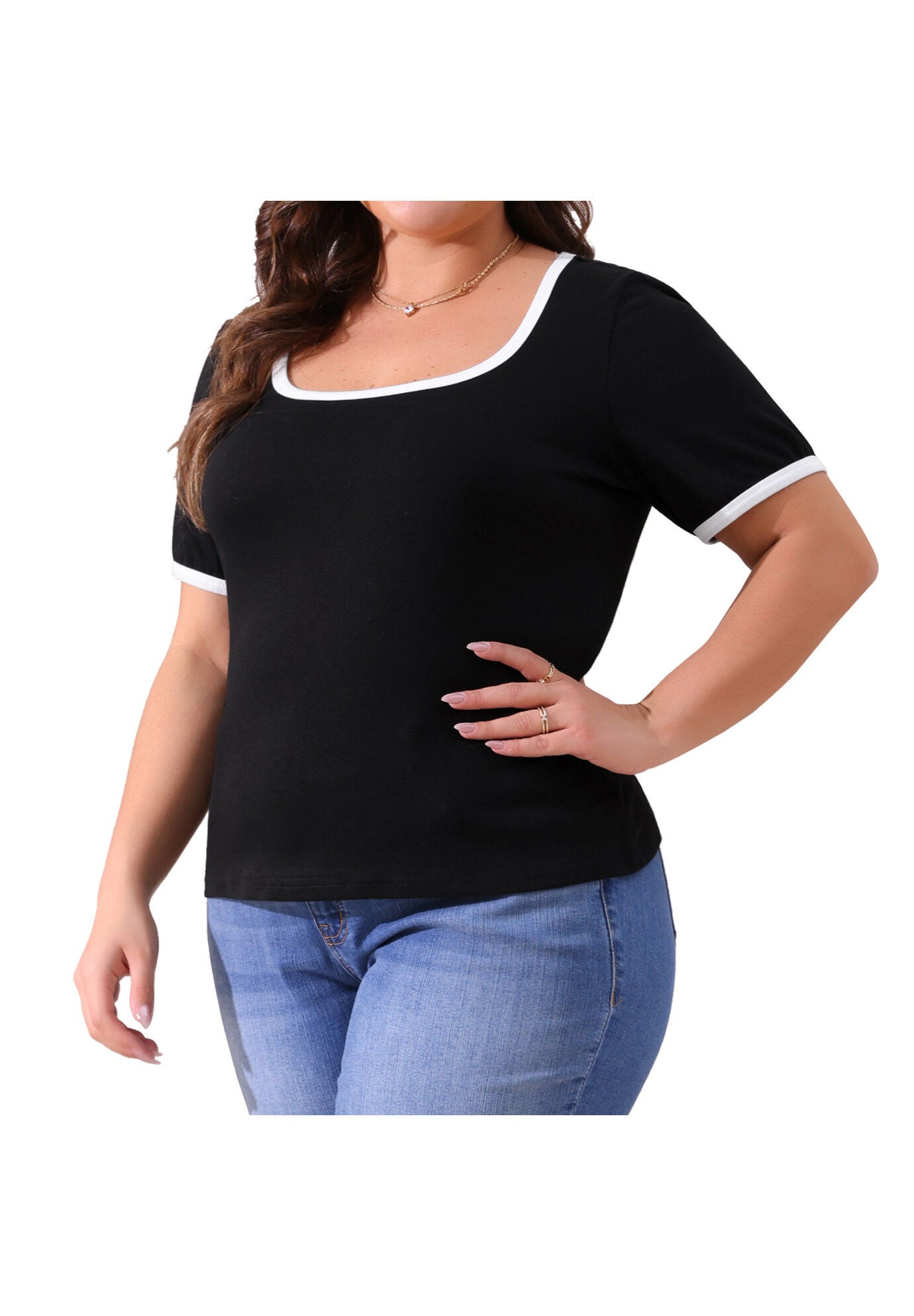 Square Neck Short Sleeve T-Shirt Ribbed Knit Color Block Slim Top, Black / Black, alternate image number 1