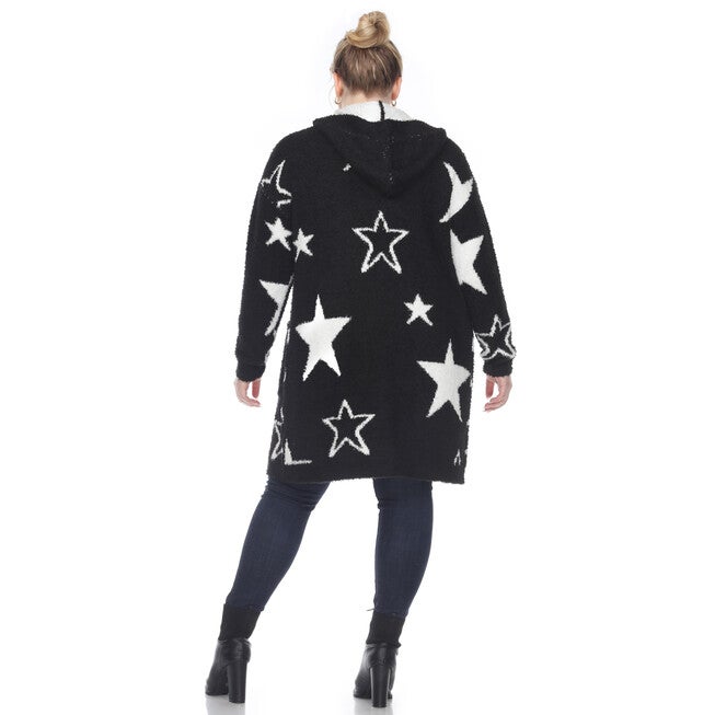 Hooded Open Front Sherpa Coat, BlackWhite Stars / Black, alternate image number null