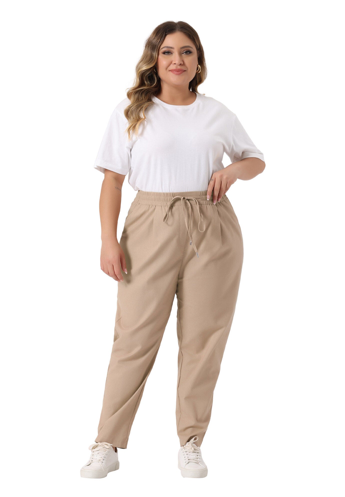 STRAIGHT LEG DRAWSTRING ELASTIC LOOSE TROUSERS, Khaki / Brown, hi-res image number 0
