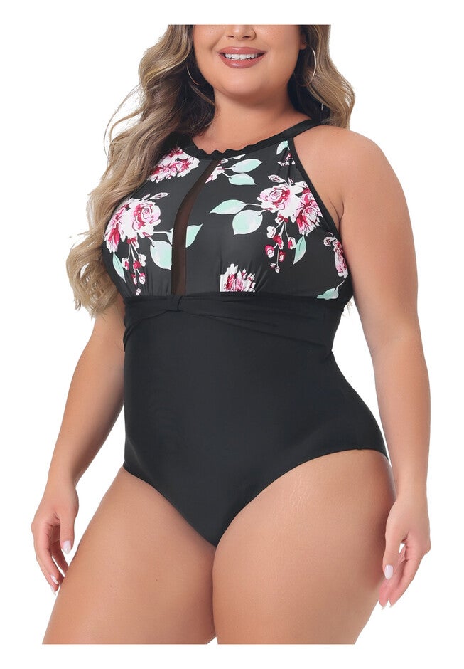 Bikini Swimsuit Floral Swimwear Flattering High Waisted, Black / Black, alternate image number 1
