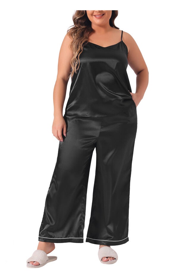 Satin Pajama Set 2 Piece Cami Top and Pants with Pockets, Black / Black, alternate image number null