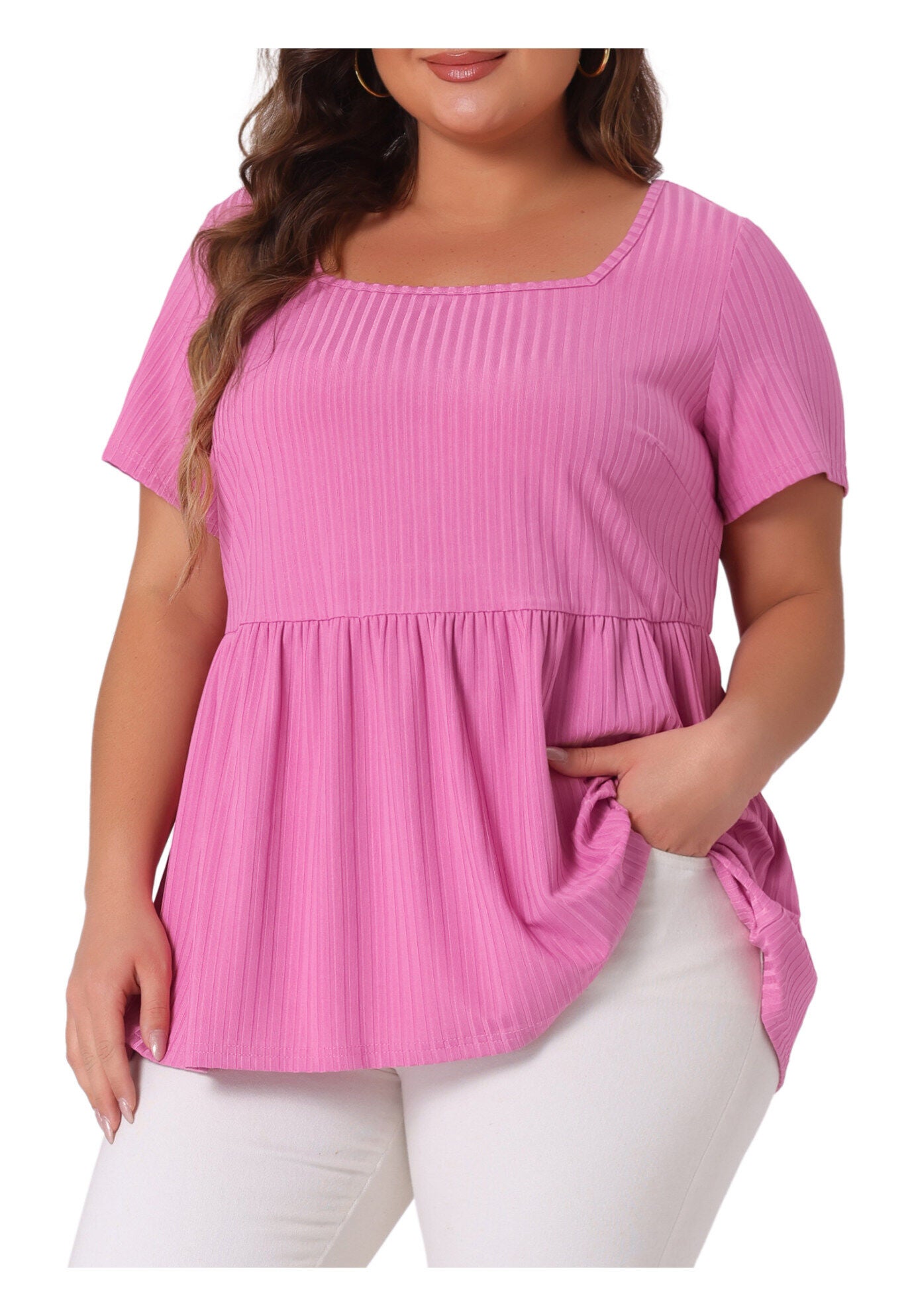Babydoll Top Summer Peplum Short Sleeve Summer Oversized Tunic Blouse, Dark Pink / Deep Fuchsia, alternate image number 1