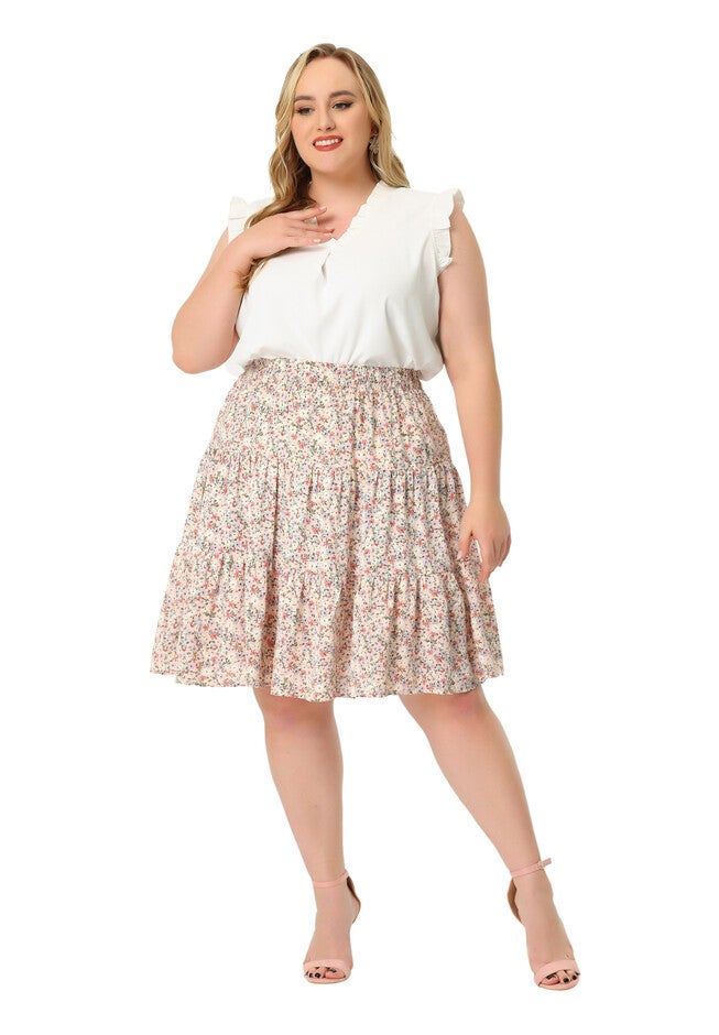 Summer Floral A-Line Stretch High Waist Tiered Skirt, Pink / Pink, hi-res image number 0