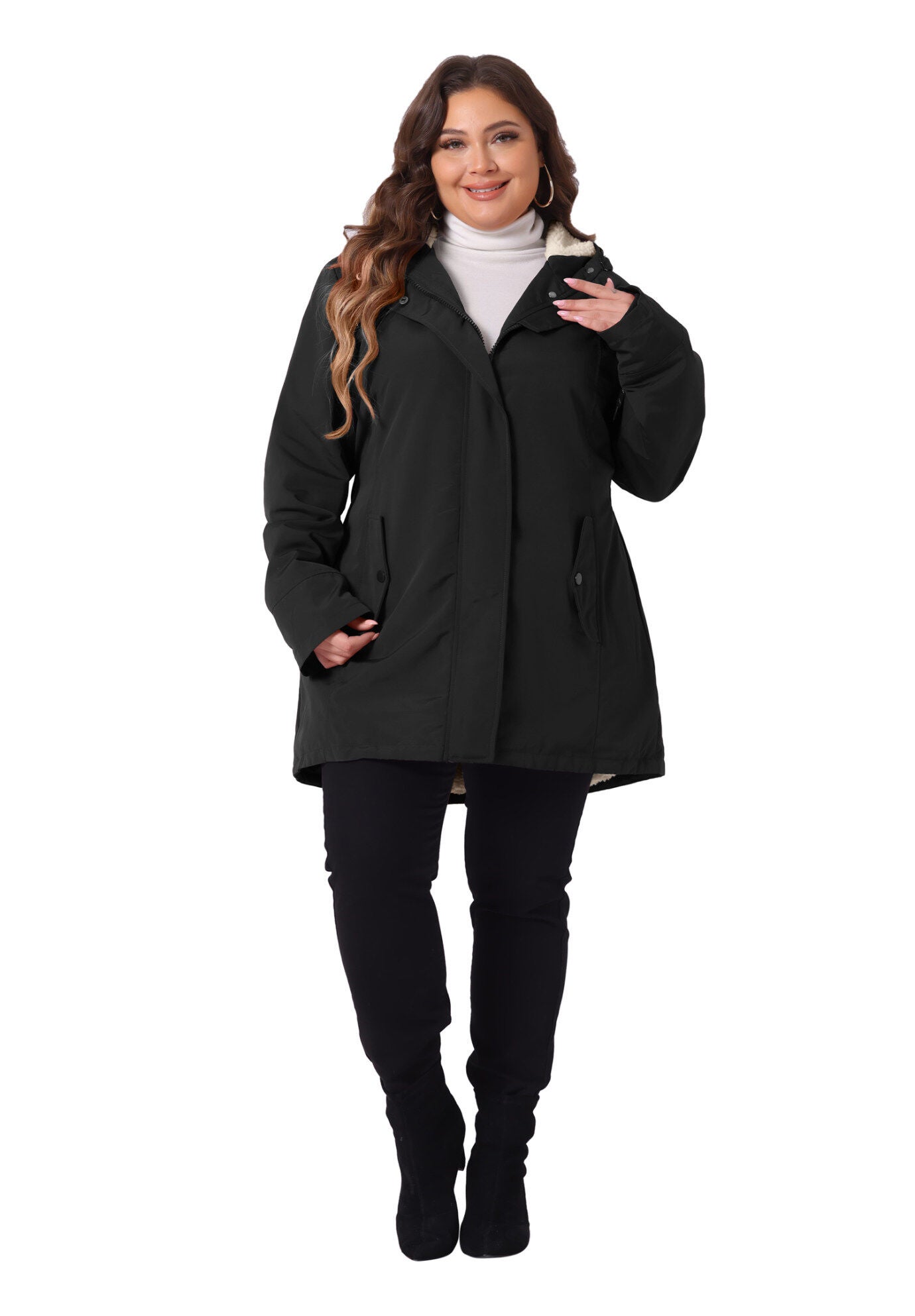 Faux Lamb Fur Leather Button Down Hoodie Parka Coat, Black / Black, hi-res image number 0