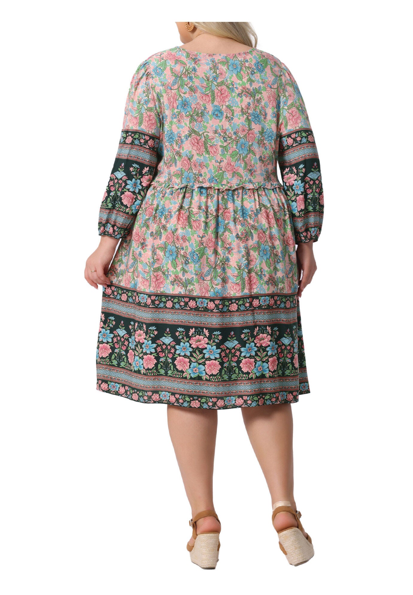 Boho Floral V Neck 3/4 Sleeve Mini Short Dress, Blue Pink / Light Blue, alternate image number 3