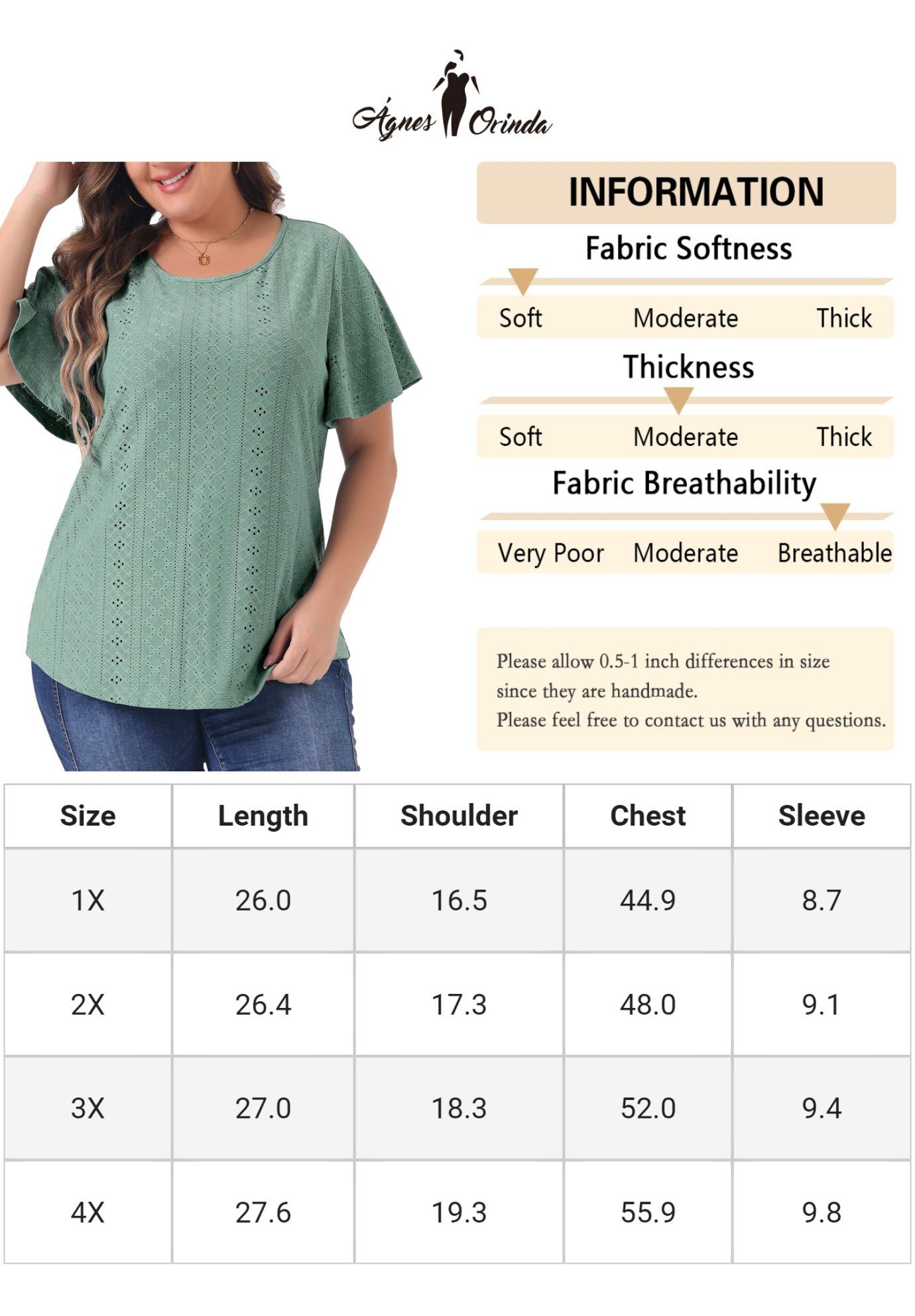 V NECK LOOSE FIT RUFFLE SLEEVE SUMMER HOLLOW TOP, Green / Light Green, alternate image number 4