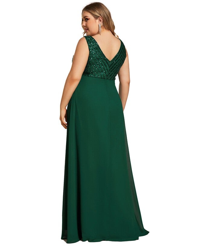 Sequin Sleeveless Double V-Neck Formal Evening Dress, Dark Green / Forest Green, alternate image number 1