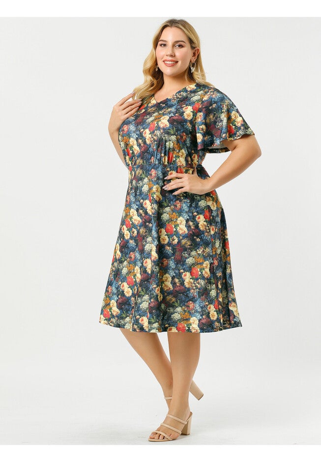 Short Sleeve Fit Flare Midi Sundress Floral Dress, Blue / Navy, alternate image number null