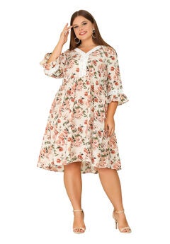 Vintage Lace Floral Ruffle V Neck 3/4 Sleeve Midi Babydoll Dress
