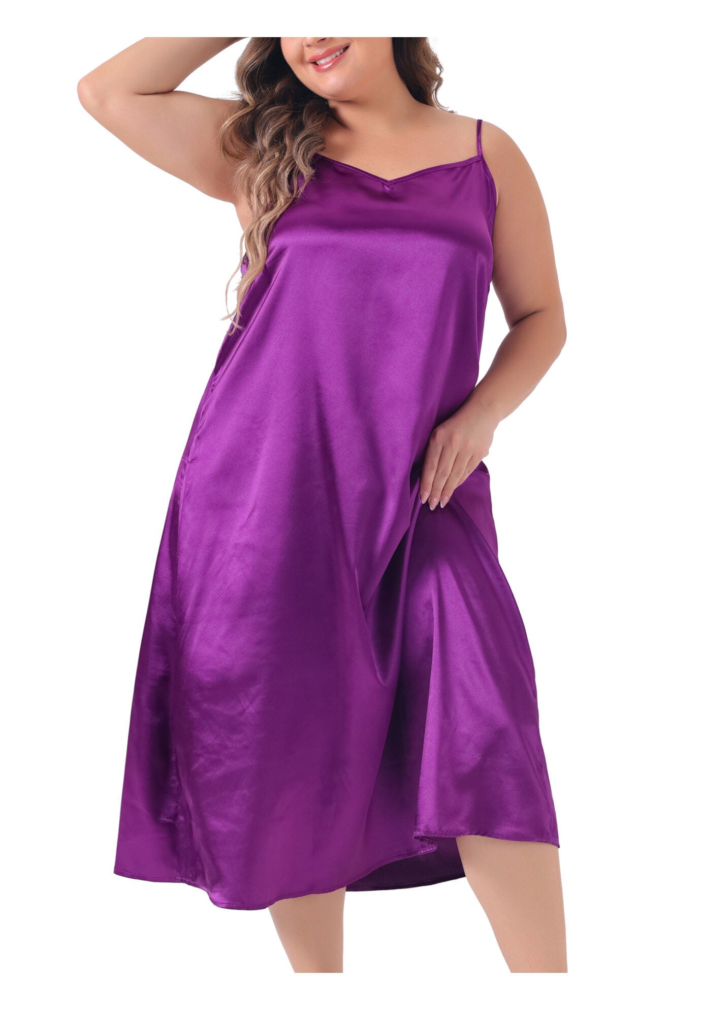 V Neck Satin Pajamas Sleeveless Cami Slip Dress, Purple / Purple, alternate image number 1