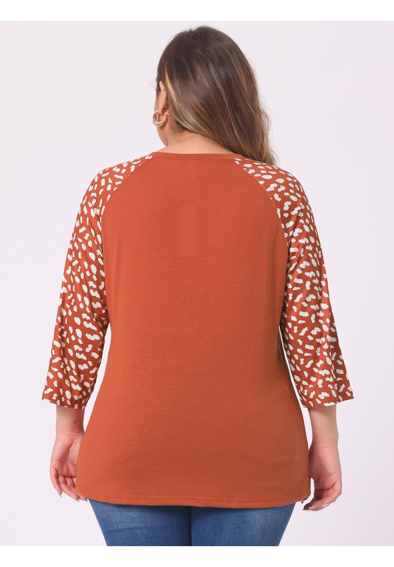 Casual V Neck 3/4 Sleeve Floral Raglan Top, Orange / Orange, alternate image number 3