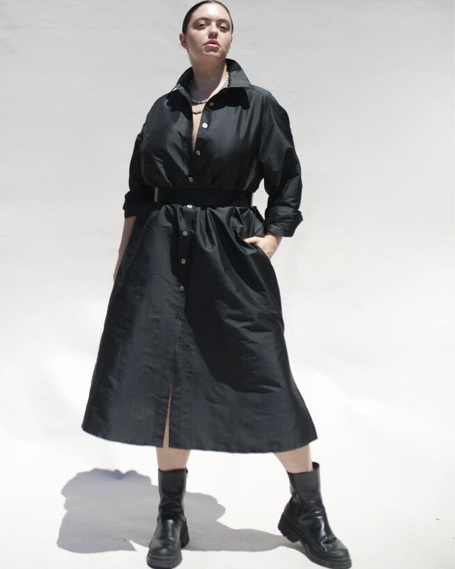 Shirt Dress in Black Dupioni, , alternate image number null