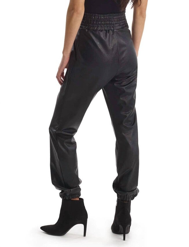 Faux Leather Smocked Jogger in Black, , alternate image number null