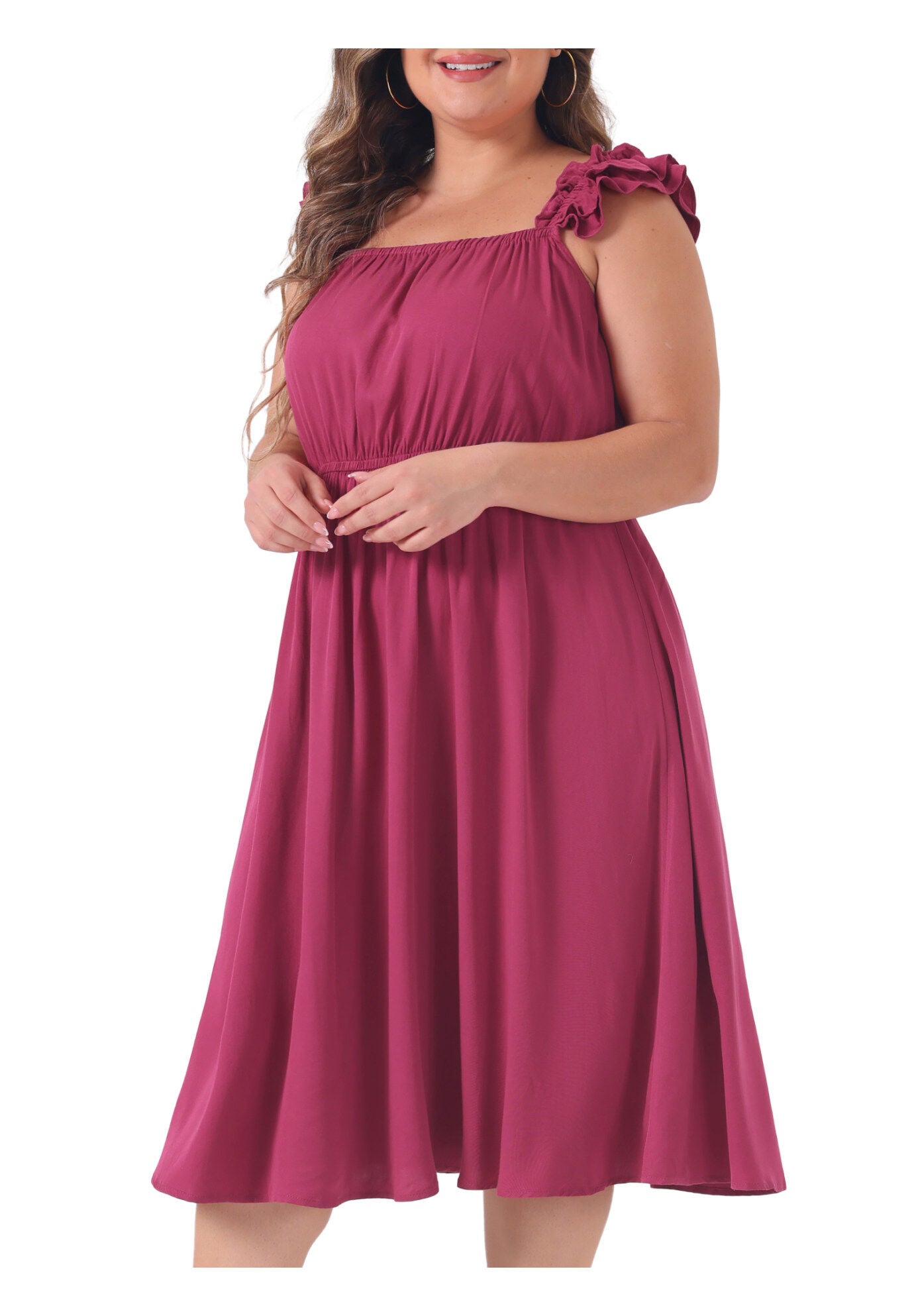 Ruffle Cap Sleeve Shirred Waist A Line Beach Sundress, Hot Pink / Pink, alternate image number 1