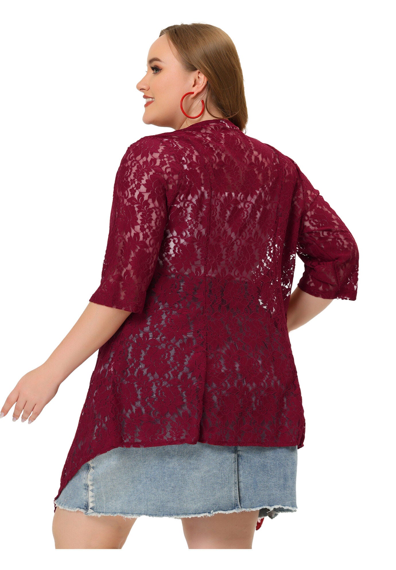 OPEN FRONT 3/4 SLEEVES CROCHET CARDIGAN COVER UP, Burgundy / Red, alternate image number 3