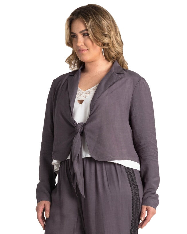 Plus Size Solid Rayon Tie Front Cropped Blazer, , alternate image number 7