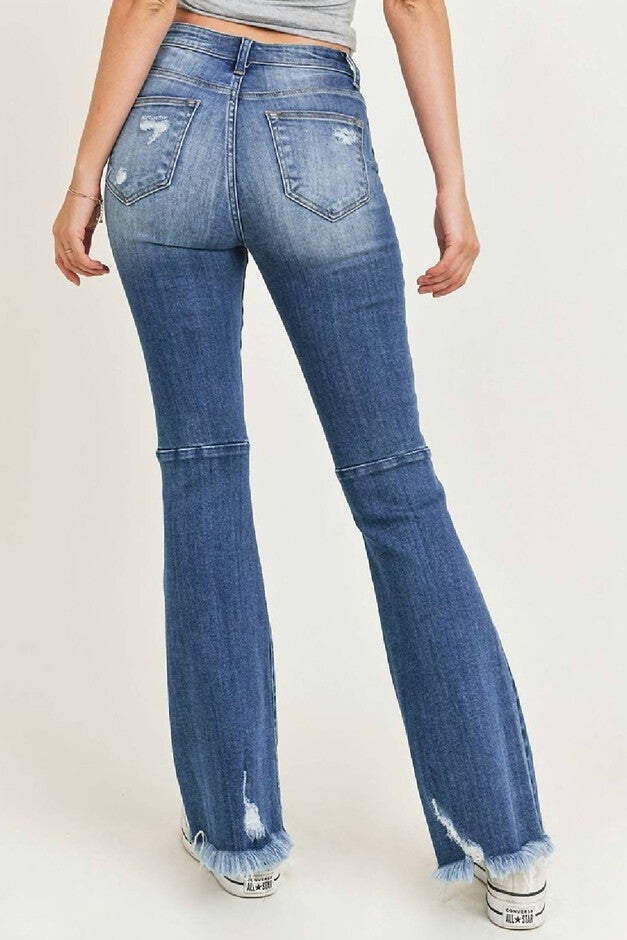 FLARE DISTRESSED KNEE HIGH RISE JEAN IN MEDIUM WASH, Medium Wash / Medium Wash, alternate image number null
