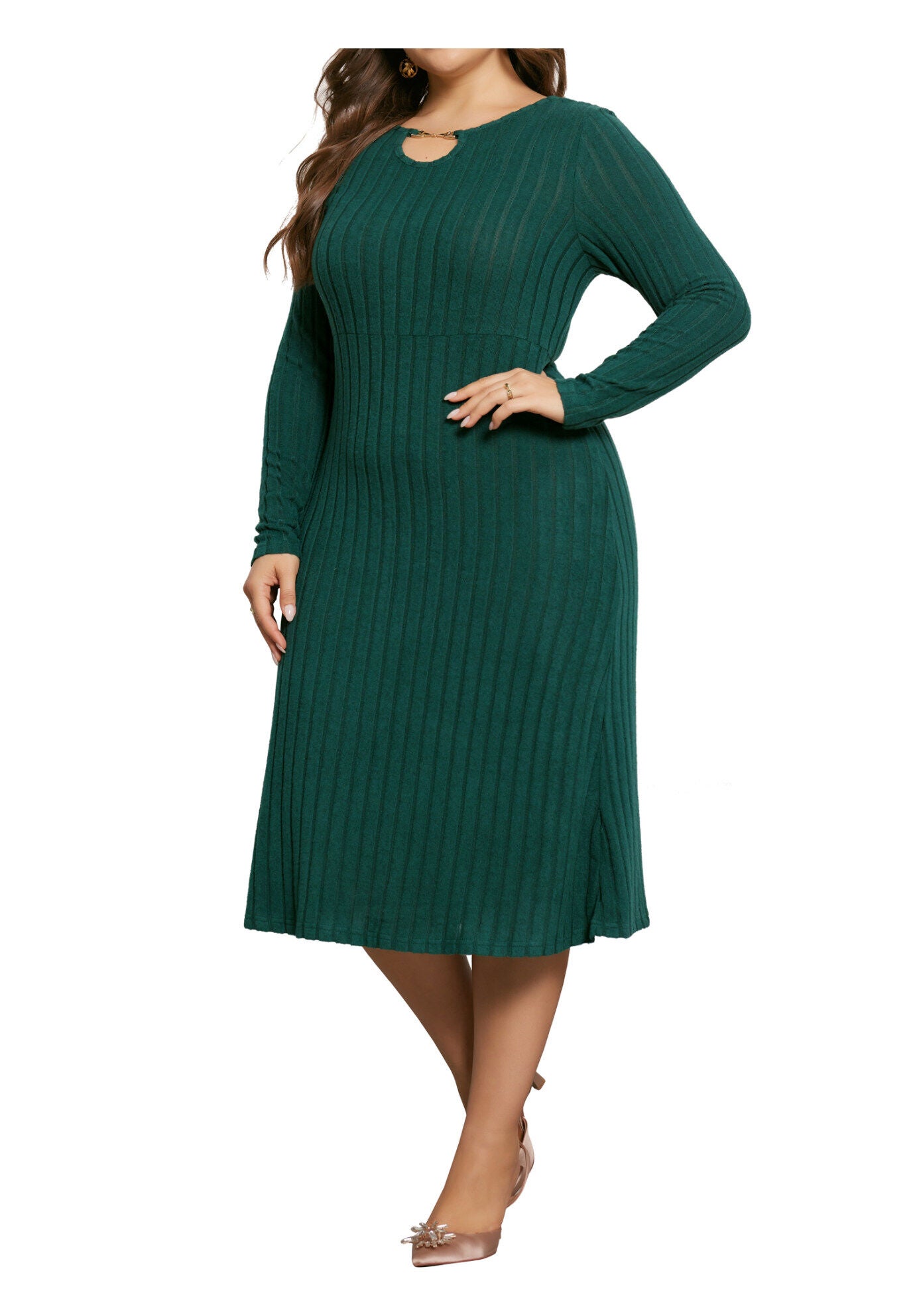 Ribbed Knit Long Sleeves Keyhole Crew Neck Pullover A Line Midi Dress, Green / Forest Green, alternate image number 1